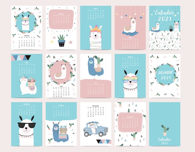 Lindo calendario animal 2021 con llama, alpaca, cactus.