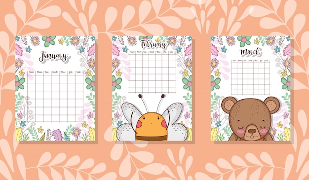 Vector lindo calendario con animales y flores.