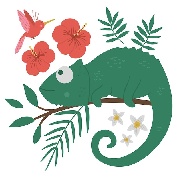 Lindo camaleón en un brunch de árbol con hojas y flores y pájaro del paraíso