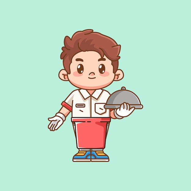 El lindo camarero sirve comida kawaii chibi personaje mascota ilustración diseño de estilo de contorno