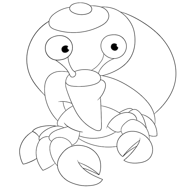 Lindo cangrejo ermitaño con su caparazón. Página del libro de colorear de dibujos animados para niños.