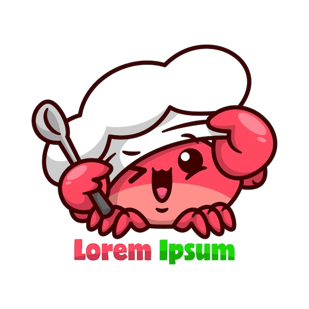 Lindo cangrejo rojo con sombrero de chef y sosteniendo una cuchara de sopa, mascota de dibujos animados de alta calidad