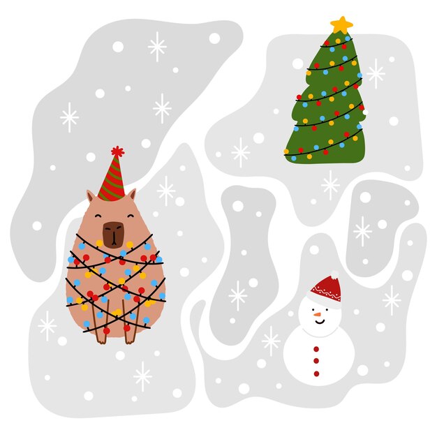 Lindo capibara con árbol de Navidad en ilustración vectorial de estilo plano para Feliz Navidad y Año Nuevo