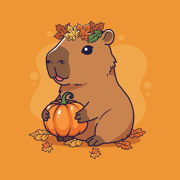 Lindo capibara con calabaza y hojas de otoño Ilustración vectorial