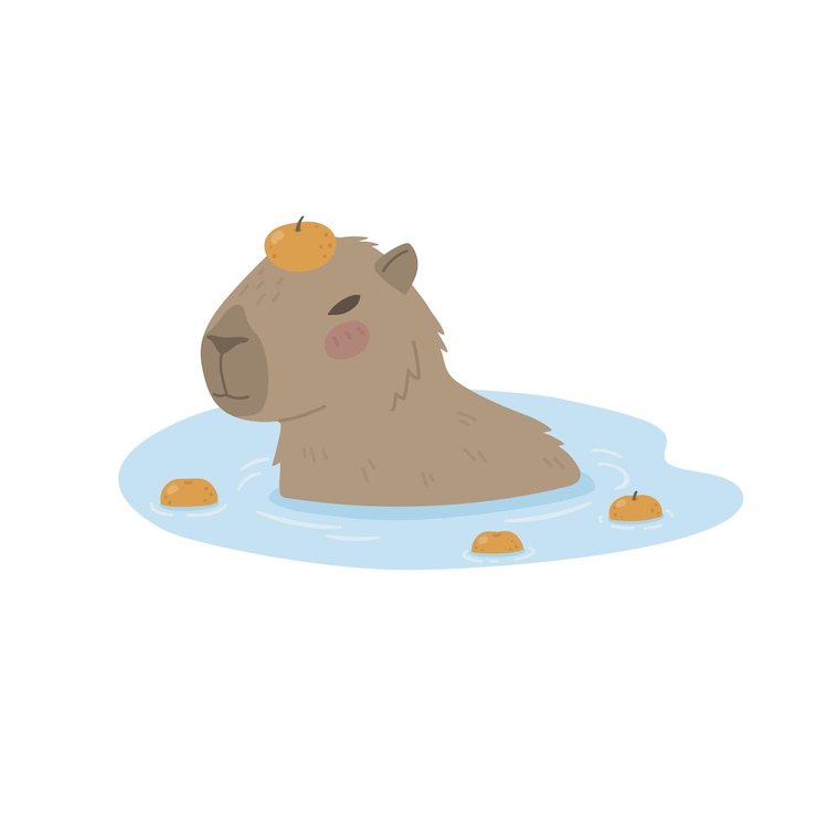 Vector el lindo capibara descansando en el agua con naranjas