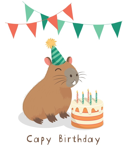 Vector lindo capibara con gorras festivas soplando velas en un pastel de cumpleaños banderas rojas y verdes coloridas