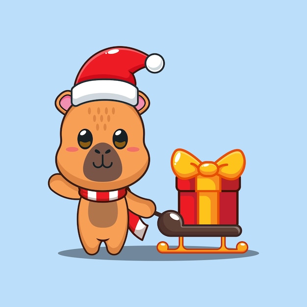 Lindo capibara llevando caja de regalos de Navidad Ilustración vectorial de dibujos animados en el día de Navidad