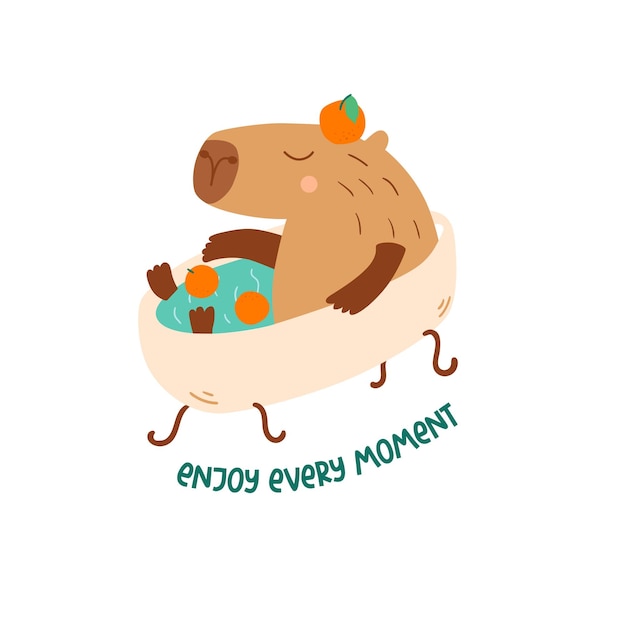 Vector lindo capibara nadando tomando un baño con mandarinas vector animal gracioso con frase positiva aislado