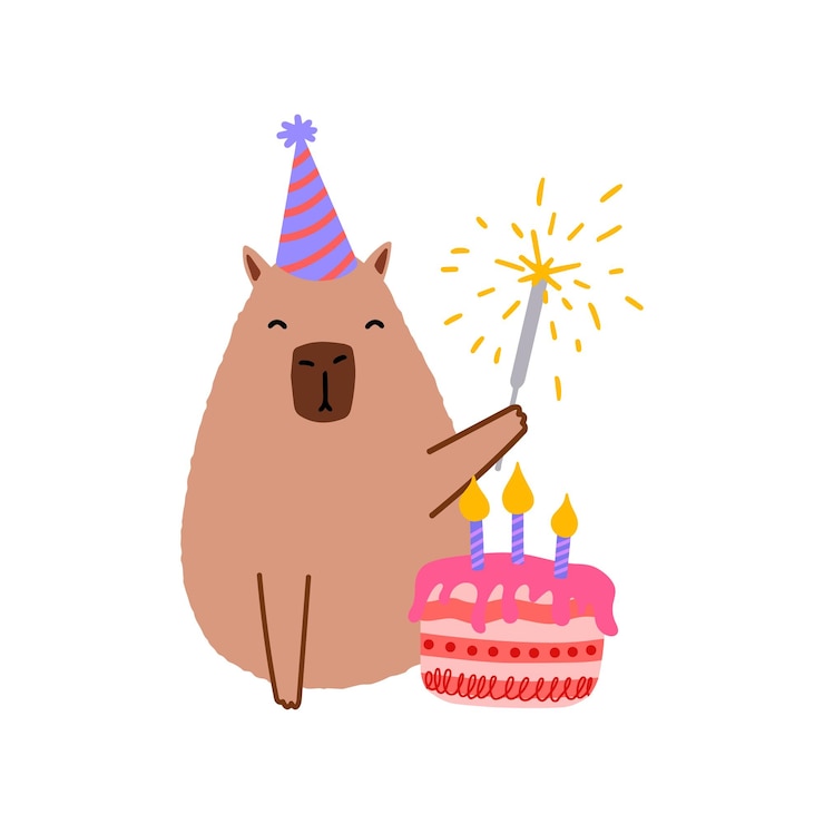 Vector lindo capibara con pastel en ilustración vectorial de estilo plano para ropa infantil de fiesta de cartas