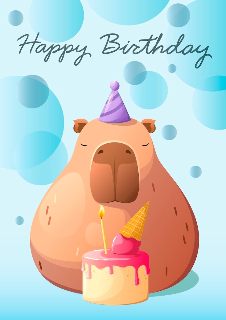 Vector un lindo capibara con un sombrero con un pastel de cumpleaños y una vela feliz cumpleaños