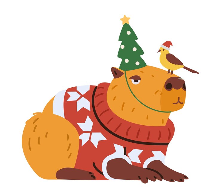 Vector lindo capibara en suéter de navidad y sombrero gracioso con un pájaro pequeño sentado en su nariz