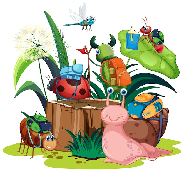 Vector lindo caracol e insectos en estilo de dibujos animados