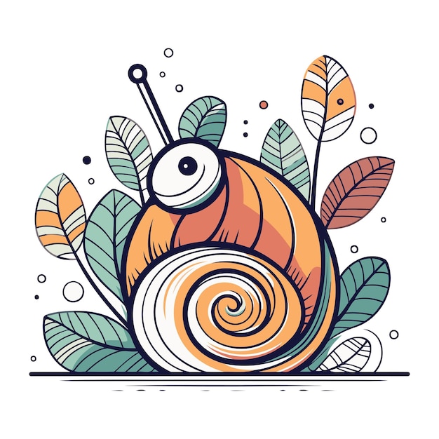 Vector lindo caracol con hojas en fondo blanco ilustración vectorial en estilo de dibujos animados