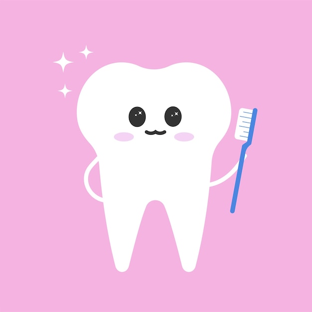 Lindo carácter de diente limpio Ilustración de vector de diente blanco feliz aislado sobre fondo rosa. De moda