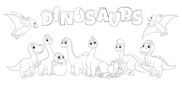 Lindo, caricatura, dinosaurios, grupo, línea, dinos, familia, y, dinosaurio, letras, colorear, infantil, fantasía, imagen, divertido, vector, dinosaurio, carácter prehistórico, dino, animal, línea, arte, ilustración