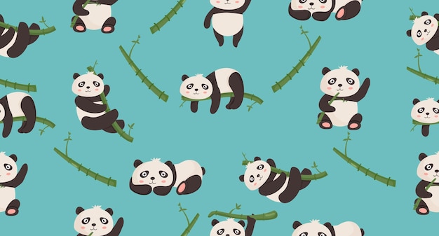 Vector lindo, caricatura, oso panda, patrones sin fisuras, animales, plano de fondo, con, bambú