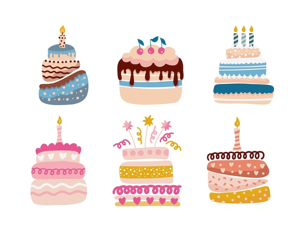Lindo, caricatura, simple, vector, pastel de cumpleaños, cupcake, vector, conjunto, feliz fiesta, pastel de crema, con, velas