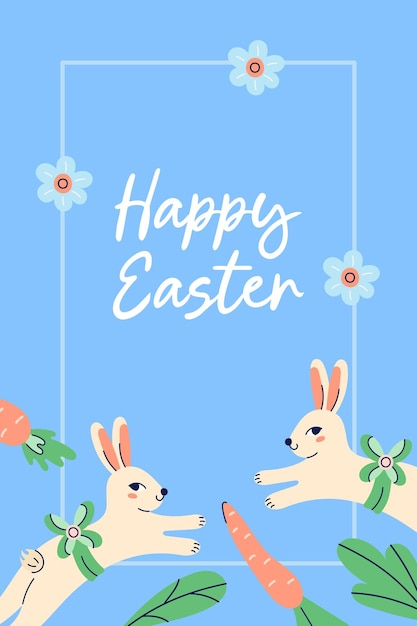 Lindo cartel con conejitos para un feliz diseño de vacaciones de Pascua con flores zanahorias y texto en azul