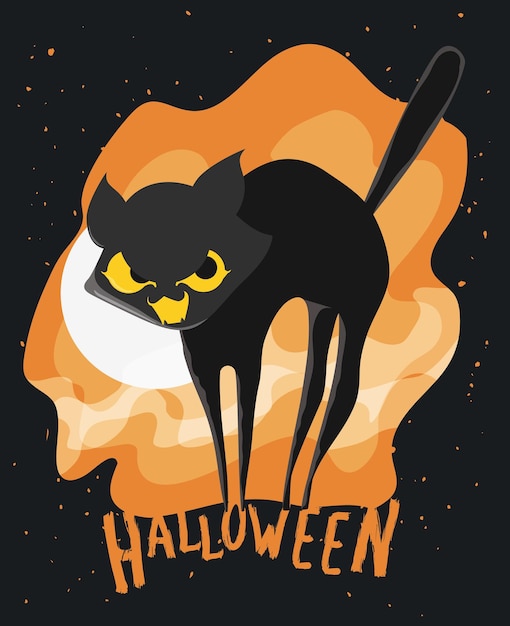 Lindo cartel de gato estilizado asustado sobre fondo negro y naranja con luna llena