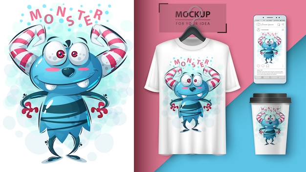Lindo cartel de monstruo y merchandising.