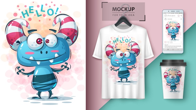 Lindo cartel de monstruo y merchandising.