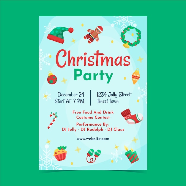 Lindo cartel de Navidad fiesta volante dibujado a mano dibujos animados planos