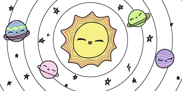 Lindo cartel con planetas sol estrellas en el espacio Doodle blanco cosmos postal fondo dibujado a mano