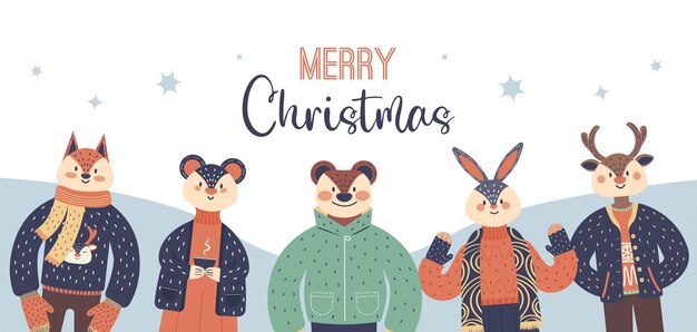 un lindo cartón animado de animales de Navidad