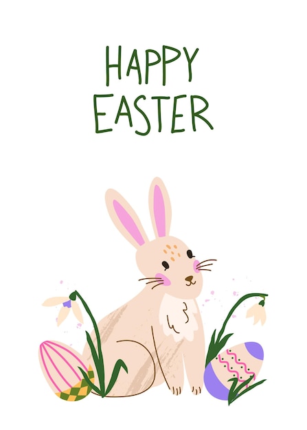 Lindo cartón de Pascua con conejo huevos de Pascua gotas de nieve Feliz Pascua letras escritas a mano