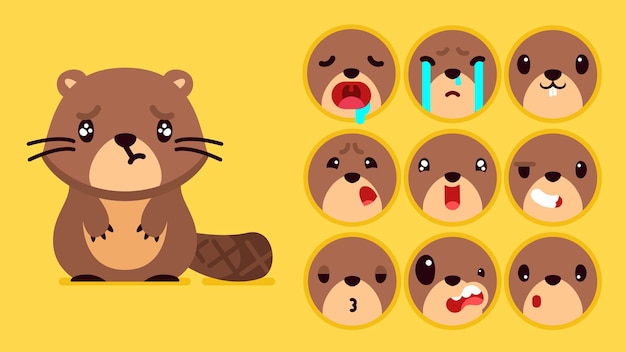 Lindo castor conjunto de emociones animales castor pequeño con colocación de emoji durmiendo llorando triste