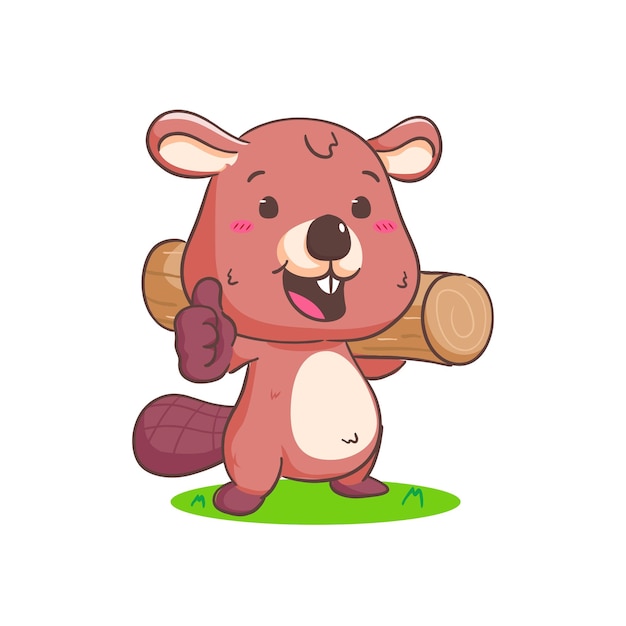 Lindo castor sosteniendo madera Personaje de dibujos animados Mascota vector ilustración Diseño de concepto de animal adorable