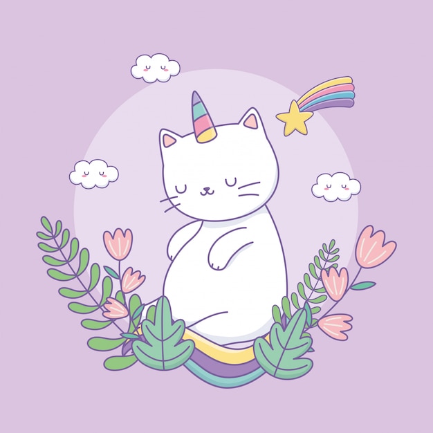 Vector lindo caticorn con decoración floral