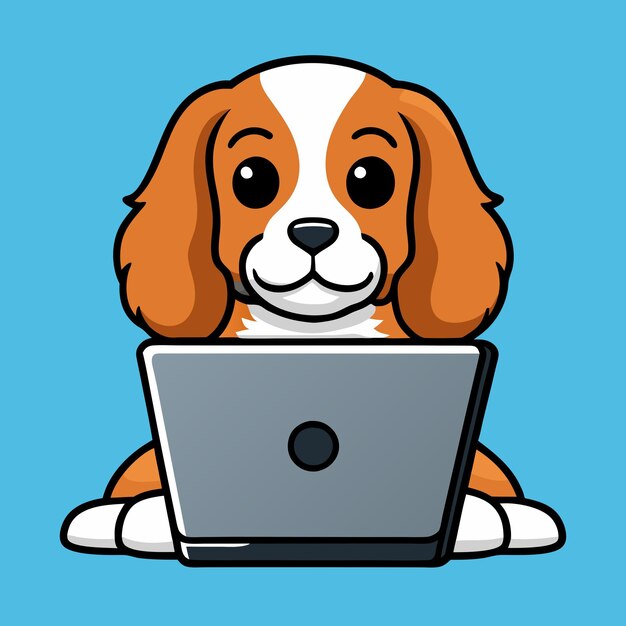 El lindo Cavalier King Charles Spaniel trabajando en el vector de dibujos animados de laptops