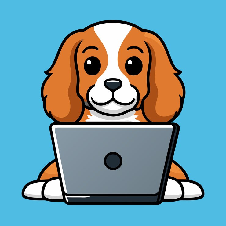 Vector el lindo cavalier king charles spaniel trabajando en el vector de dibujos animados de laptops
