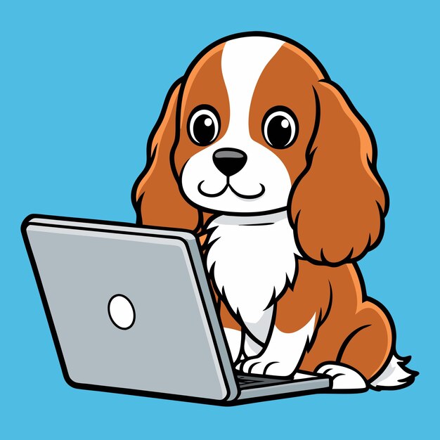 El lindo Cavalier King Charles Spaniel trabajando en el vector de dibujos animados de laptops