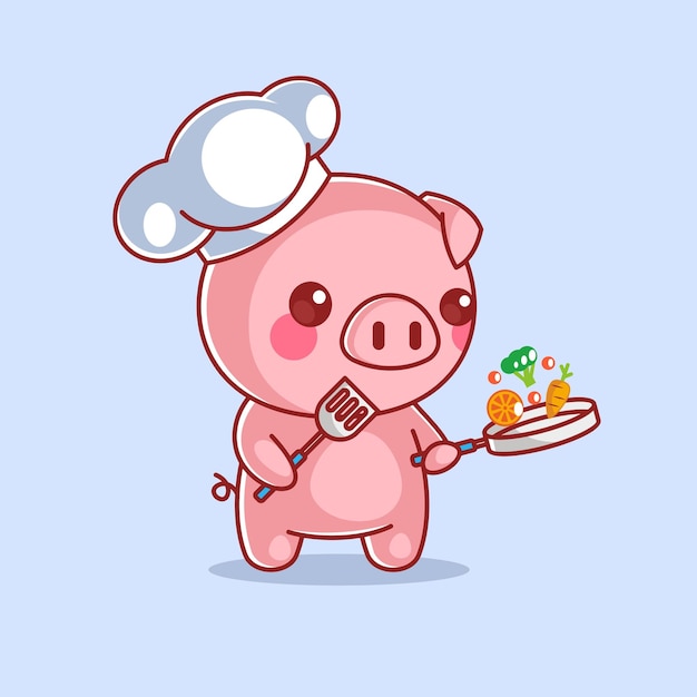 Vector lindo cerdo chef está cocinando comida