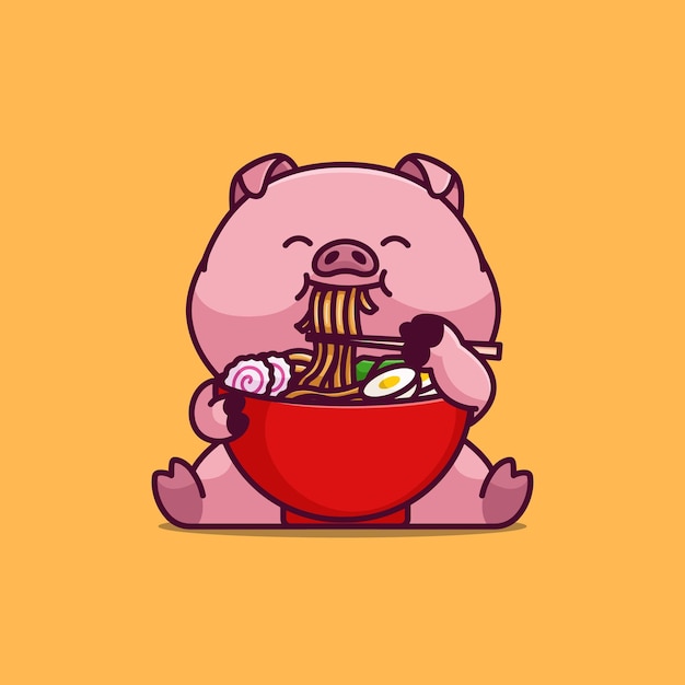 Lindo cerdo comiendo fideos ramen dibujos animados simples vector ilustración comida animal icono