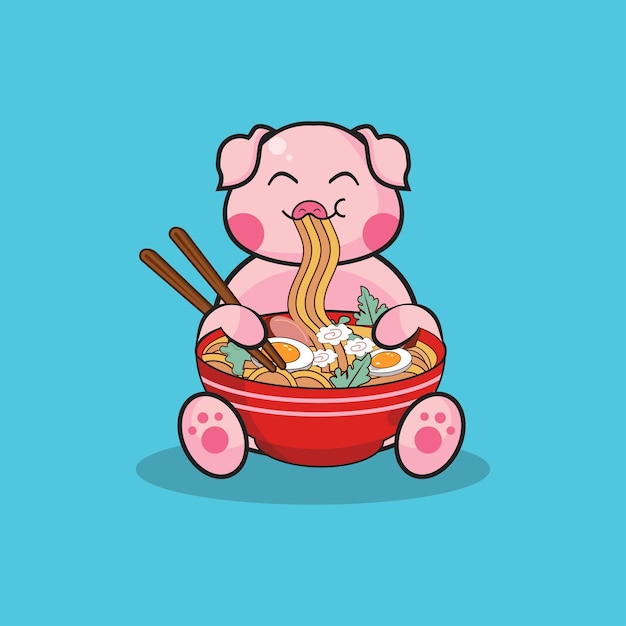 Lindo cerdo comiendo fideos ramen con palillos Vector de dibujos animados ilustración plana