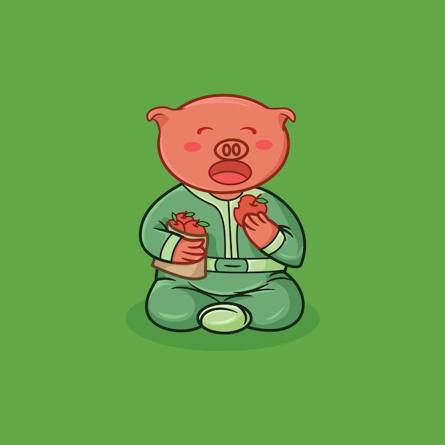 Lindo cerdo comiendo manzana Cartoon vector icono ilustración plana estilo de dibujos animados