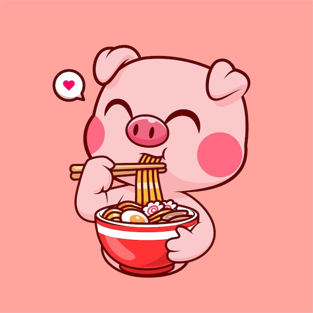 Lindo Cerdo Comiendo Ramen Fideos Dibujos Animados Vector Icono Ilustración Comida Animal Icono Concepto Aislado