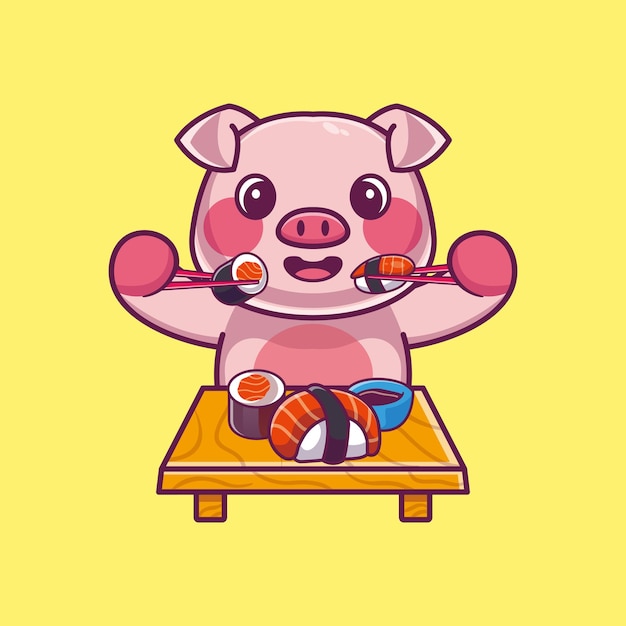 Lindo cerdo comiendo sushi con ilustración de icono de dibujos animados de palillos