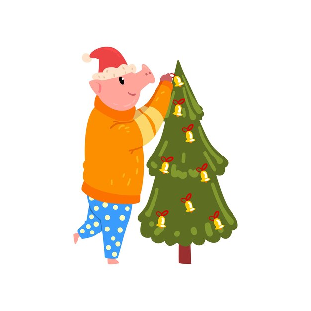 Lindo cerdo decorando el árbol de Navidad divertido personaje alcancía vestido con ropa cálida y brillante y santa