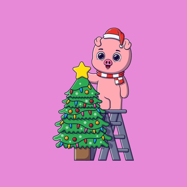 lindo cerdo decorando el árbol de navidad