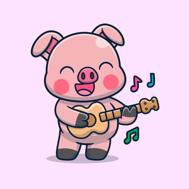 El lindo cerdo de dibujos animados tocando la guitarra Icono vectorial Ilustración Música de animales