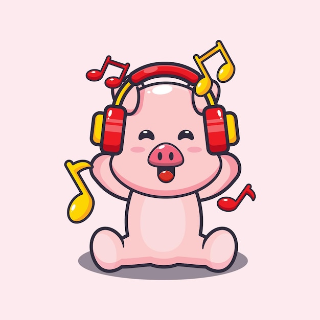 Lindo cerdo escuchando música con auriculares