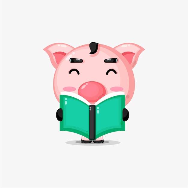 Vector lindo cerdo está leyendo un libro