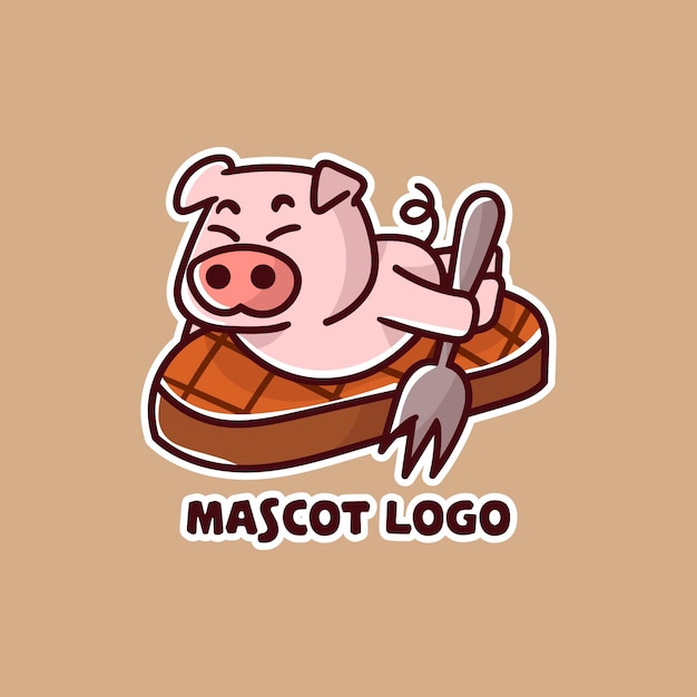lindo cerdo en el logotipo de la mascota de carne de bistec