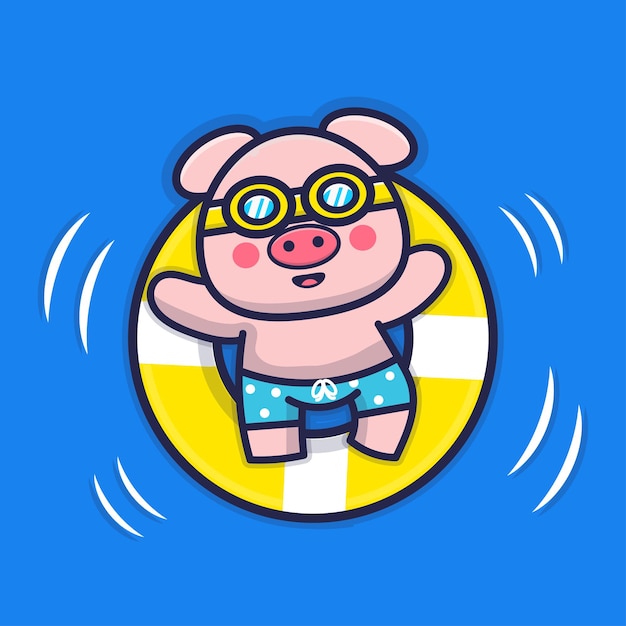 Lindo cerdo nadando con ilustración de anillo de natación