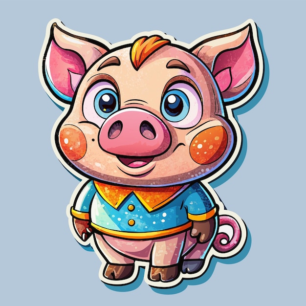 Lindo cerdo de pie y sonriente mascota dibujada a mano personaje de dibujos animados pegatina icono concepto aislado