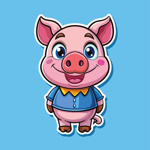 Lindo cerdo de pie y sonriente mascota dibujada a mano personaje de dibujos animados pegatina icono concepto aislado